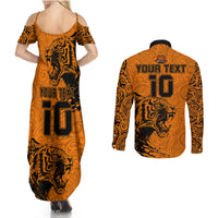 Custom PNG Lae Snax Tigers Rugby Couples Matching Summer Maxi Dress and Long Sleeve Button Shirts The Tigers Head and PNG Bird Polynesian Tattoo LT03 - Polynesian Pride