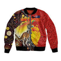 Australia and Papua New Guinea Together Bomber Jacket Bird-of-paradise and Kangaroo with Oro Tapa and Aboriginal Art Motifs - Polynesian Pride