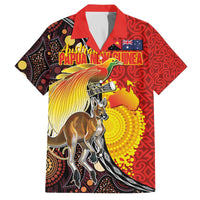 Australia and Papua New Guinea Together Family Matching Off The Shoulder Long Sleeve Dress and Hawaiian Shirt Bird-of-paradise and Kangaroo with Oro Tapa and Aboriginal Art Motifs - Polynesian Pride