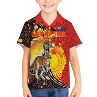 Australia and Papua New Guinea Together Family Matching Off The Shoulder Long Sleeve Dress and Hawaiian Shirt Bird-of-paradise and Kangaroo with Oro Tapa and Aboriginal Art Motifs - Polynesian Pride