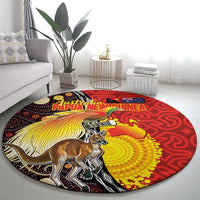 Australia and Papua New Guinea Together Round Carpet Bird-of-paradise and Kangaroo with Oro Tapa and Aboriginal Art Motifs - Polynesian Pride