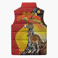 Australia and Papua New Guinea Together Sleeveless Puffer Jacket Bird-of-paradise and Kangaroo with Oro Tapa and Aboriginal Art Motifs - Polynesian Pride