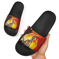 Australia and Papua New Guinea Together Slide Sandals Bird-of-paradise and Kangaroo with Oro Tapa and Aboriginal Art Motifs - Polynesian Pride