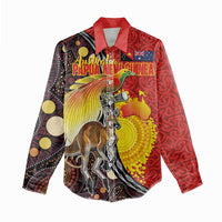 Australia and Papua New Guinea Together Women Casual Shirt Bird-of-paradise and Kangaroo with Oro Tapa and Aboriginal Art Motifs - Polynesian Pride