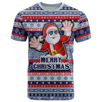 Custom Fiji Christmas T Shirt Fijian Santa and Coat of Arms Mix Tapa Pattern Striped Style LT03 Blue - Polynesian Pride