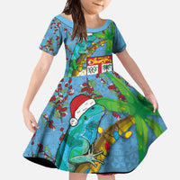 Fijians Iguana Tagimoucia Christmas Family Matching Tank Maxi Dress and Hawaiian Shirt Christmas Palm Tree and Hibiscus LT03 Daughter's Dress Blue - Polynesian Pride
