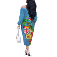Fijians Iguana Tagimoucia Christmas Off The Shoulder Long Sleeve Dress Christmas Palm Tree and Hibiscus