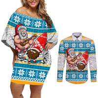 Hawaii Mele Kalikimaka Couples Matching Off Shoulder Short Dress and Long Sleeve Button Shirt Funny Santa and Coconut Mix Kakau Pattern LT03 Blue - Polynesian Pride