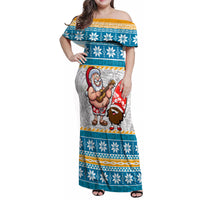 Hawaii Mele Kalikimaka Family Matching Off Shoulder Maxi Dress and Hawaiian Shirt Funny Santa and Coconut Mix Kakau Pattern LT03 Mom's Dress Blue - Polynesian Pride