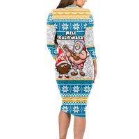 Hawaii Mele Kalikimaka Long Sleeve Bodycon Dress Funny Santa and Coconut Mix Kakau Pattern LT03 - Polynesian Pride