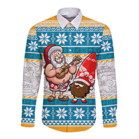 Hawaii Mele Kalikimaka Long Sleeve Button Shirt Funny Santa and Coconut Mix Kakau Pattern LT03 Unisex Blue - Polynesian Pride