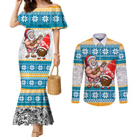 Custom Hawaii Mele Kalikimaka Couples Matching Mermaid Dress and Long Sleeve Button Shirt Funny Santa and Coconut Mix Kakau Pattern LT03 Blue - Polynesian Pride