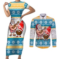 Custom Hawaii Mele Kalikimaka Couples Matching Short Sleeve Bodycon Dress and Long Sleeve Button Shirt Funny Santa and Coconut Mix Kakau Pattern LT03 Blue - Polynesian Pride