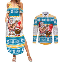 Custom Hawaii Mele Kalikimaka Couples Matching Summer Maxi Dress and Long Sleeve Button Shirt Funny Santa and Coconut Mix Kakau Pattern LT03 Blue - Polynesian Pride