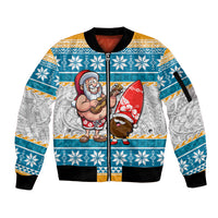Custom Hawaii Mele Kalikimaka Sleeve Zip Bomber Jacket Funny Santa and Coconut Mix Kakau Pattern LT03 Unisex Blue - Polynesian Pride
