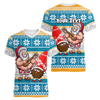 Custom Hawaii Mele Kalikimaka Women V Neck T Shirt Funny Santa and Coconut Mix Kakau Pattern LT03 - Polynesian Pride