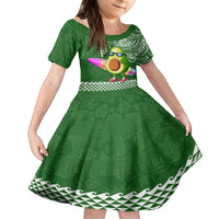 Hawaii Family Matching Off Shoulder Short Dress and Hawaiian Shirt Aloha Funny Avocado Mix Kakau Hawaiian Tribal LT03 Daughter's Dress Green - Polynesian Pride