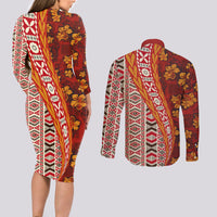 Hawaii Native Tapa Elements and Hibiscus Flowers Couples Matching Long Sleeve Bodycon Dress and Long Sleeve Button Shirt LT03 - Polynesian Pride