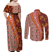Hawaii Native Tapa Elements and Hibiscus Flowers Couples Matching Off Shoulder Maxi Dress and Long Sleeve Button Shirt LT03 - Polynesian Pride