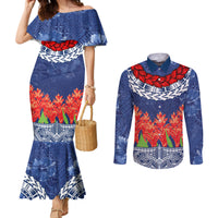 Samoan Tapa Couples Matching Mermaid Dress and Long Sleeve Button Shirt Ula Fala and Teuila Flower LT03 Blue - Polynesian Pride