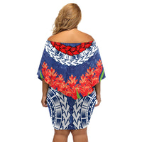 Samoan Tapa Family Matching Off Shoulder Short Dress and Hawaiian Shirt Ula Fala and Teuila Flower LT03 - Polynesian Pride