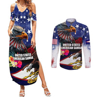Personalised United States and American Samoa Couples Matching Summer Maxi Dress and Long Sleeve Button Shirt Bald Eagle Rose and Hibiscus Flower LT03 Blue - Polynesian Pride