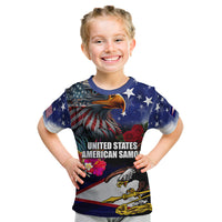 Personalised United States and American Samoa Kid T Shirt Bald Eagle Rose and Hibiscus Flower LT03 Blue - Polynesian Pride