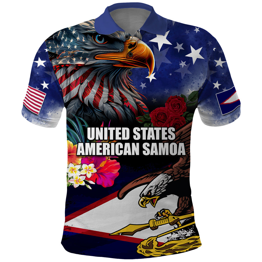 United States and American Samoa Polo Shirt Bald Eagle Rose and Hibiscus Flower