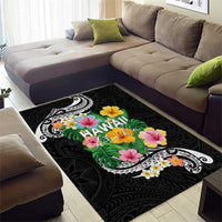 Hawaii Aloha Tropical Leaves and Flower Area Rug with Polynesian Art Tattoo Black Color - Polynesian Pride