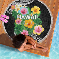 Hawaii Aloha Tropical Leaves and Flower Beach Blanket with Polynesian Art Tattoo Black Color - Polynesian Pride