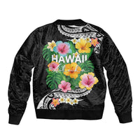 Hawaii Aloha Tropical Leaves and Flower Bomber Jacket with Polynesian Art Tattoo Black Color LT03 - Polynesian Pride