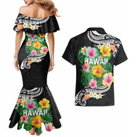 Hawaii Aloha Tropical Leaves and Flower Couples Matching Mermaid Dress and Hawaiian Shirt with Polynesian Art Tattoo Black Color - Polynesian Pride