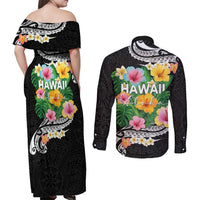 Hawaii Aloha Tropical Leaves and Flower Couples Matching Off Shoulder Maxi Dress and Long Sleeve Button Shirt with Polynesian Art Tattoo Black Color - Polynesian Pride