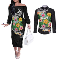 Hawaii Aloha Tropical Leaves and Flower Couples Matching Off The Shoulder Long Sleeve Dress and Long Sleeve Button Shirt with Polynesian Art Tattoo Black Color - Polynesian Pride