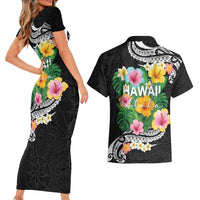 Hawaii Aloha Tropical Leaves and Flower Couples Matching Short Sleeve Bodycon Dress and Hawaiian Shirt with Polynesian Art Tattoo Black Color - Polynesian Pride