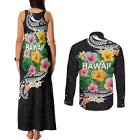 Hawaii Aloha Tropical Leaves and Flower Couples Matching Tank Maxi Dress and Long Sleeve Button Shirt with Polynesian Art Tattoo Black Color - Polynesian Pride