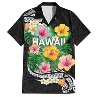 Hawaii Aloha Tropical Leaves and Flower Family Matching Long Sleeve Bodycon Dress and Hawaiian Shirt with Polynesian Art Tattoo Black Color - Polynesian Pride