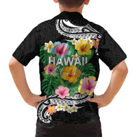 Hawaii Aloha Tropical Leaves and Flower Family Matching Off Shoulder Short Dress and Hawaiian Shirt with Polynesian Art Tattoo Black Color - Polynesian Pride