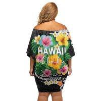 Hawaii Aloha Tropical Leaves and Flower Family Matching Off Shoulder Short Dress and Hawaiian Shirt with Polynesian Art Tattoo Black Color - Polynesian Pride
