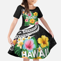 Hawaii Aloha Tropical Leaves and Flower Family Matching Summer Maxi Dress and Hawaiian Shirt with Polynesian Art Tattoo Black Color - Polynesian Pride