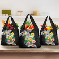 Hawaii Aloha Tropical Leaves and Flower Grocery Bag with Polynesian Art Tattoo Black Color - Polynesian Pride