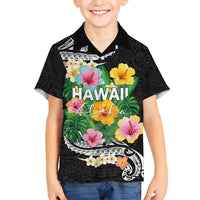 Hawaii Aloha Tropical Leaves and Flower Kid Hawaiian Shirt with Polynesian Art Tattoo Black Color - Polynesian Pride