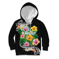 Hawaii Aloha Tropical Leaves and Flower Kid Hoodie with Polynesian Art Tattoo Black Color - Polynesian Pride