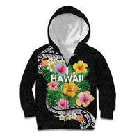 Hawaii Aloha Tropical Leaves and Flower Kid Hoodie with Polynesian Art Tattoo Black Color - Polynesian Pride