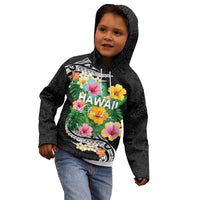 Hawaii Aloha Tropical Leaves and Flower Kid Hoodie with Polynesian Art Tattoo Black Color - Polynesian Pride