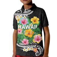Hawaii Aloha Tropical Leaves and Flower Kid Polo Shirt with Polynesian Art Tattoo Black Color - Polynesian Pride