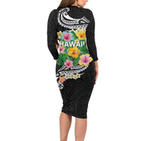 Hawaii Aloha Tropical Leaves and Flower Long Sleeve Bodycon Dress with Polynesian Art Tattoo Black Color - Polynesian Pride