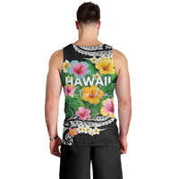 Hawaii Aloha Tropical Leaves and Flower Men Tank Top with Polynesian Art Tattoo Black Color - Polynesian Pride