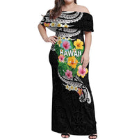 Hawaii Aloha Tropical Leaves and Flower Off Shoulder Maxi Dress with Polynesian Art Tattoo Black Color - Polynesian Pride