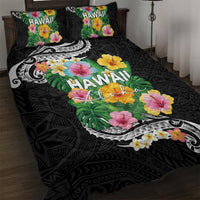 Hawaii Aloha Tropical Leaves and Flower Quilt Bed Set with Polynesian Art Tattoo Black Color - Polynesian Pride
